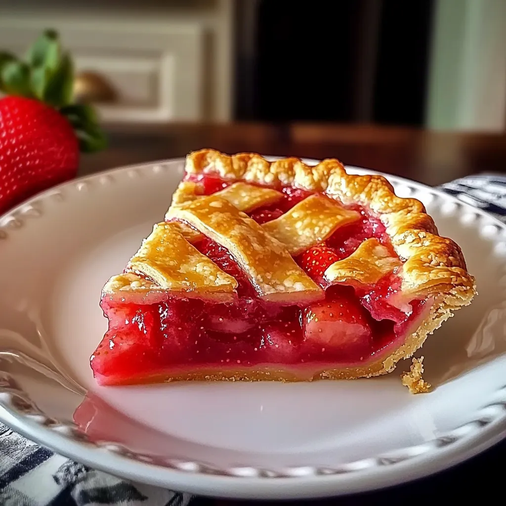 A slice of pie with strawberries on a white plate.