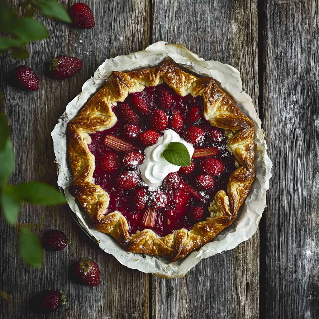 A pie with strawberries and whipped cream on a wooden table.