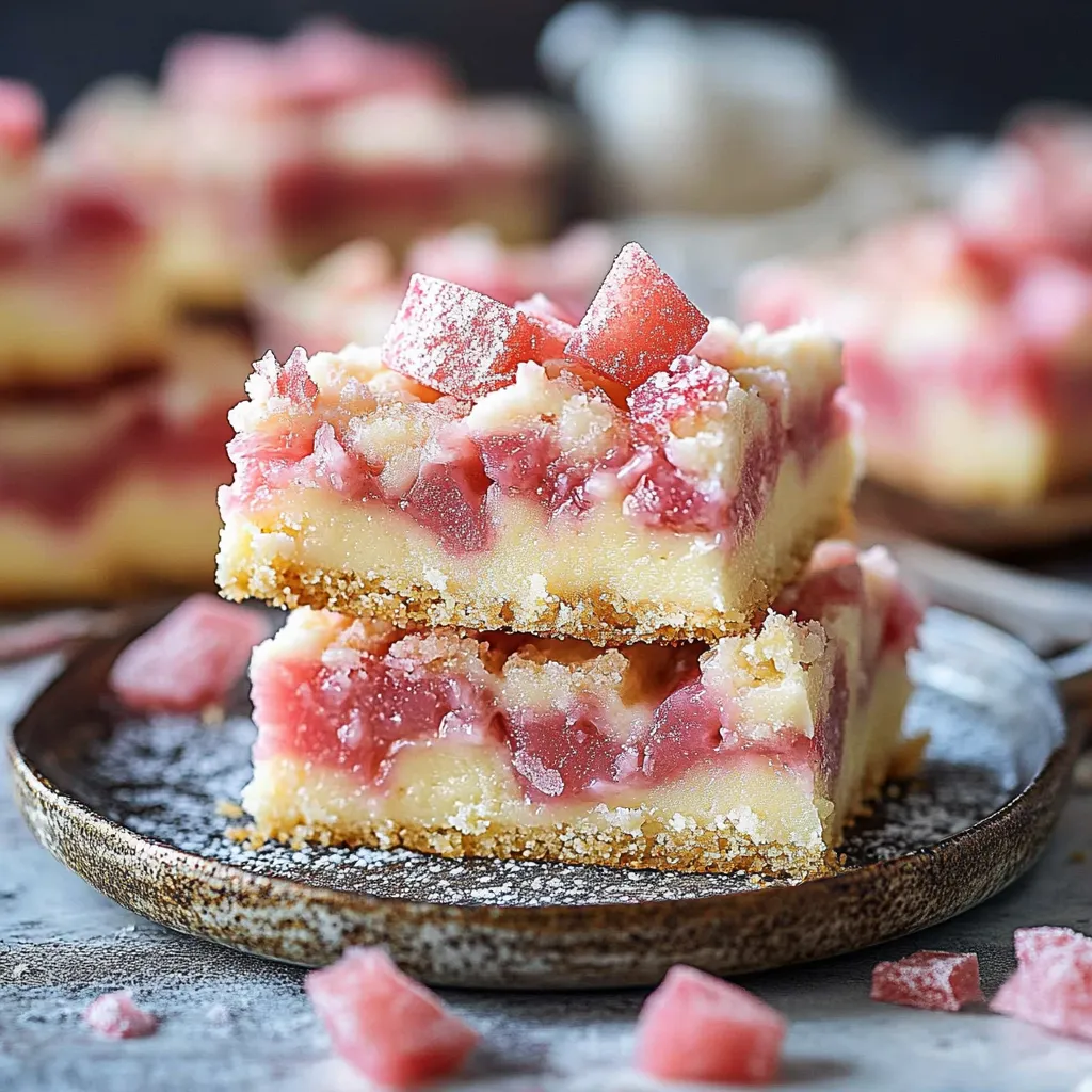 A stack of cake slices with pink frosting.