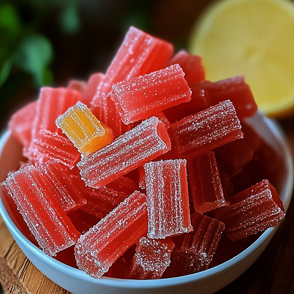 A bowl of candy with a lemon wedge on the side.