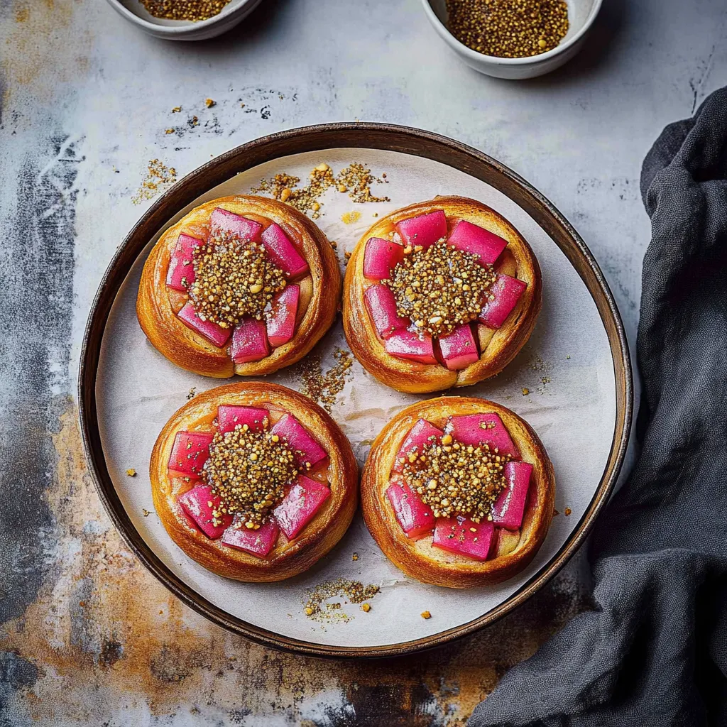 Three donuts with pink frosting and nuts on top.