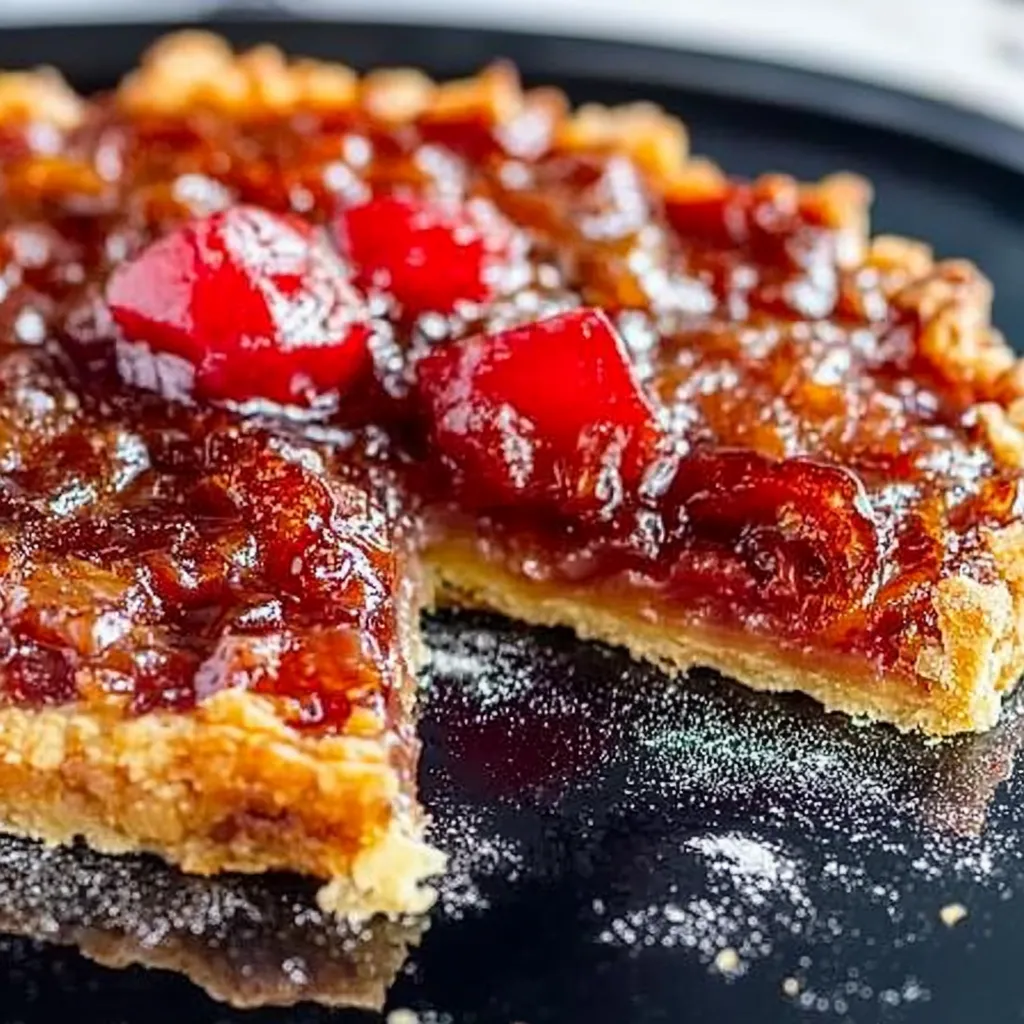 A slice of pie with cherries on top.