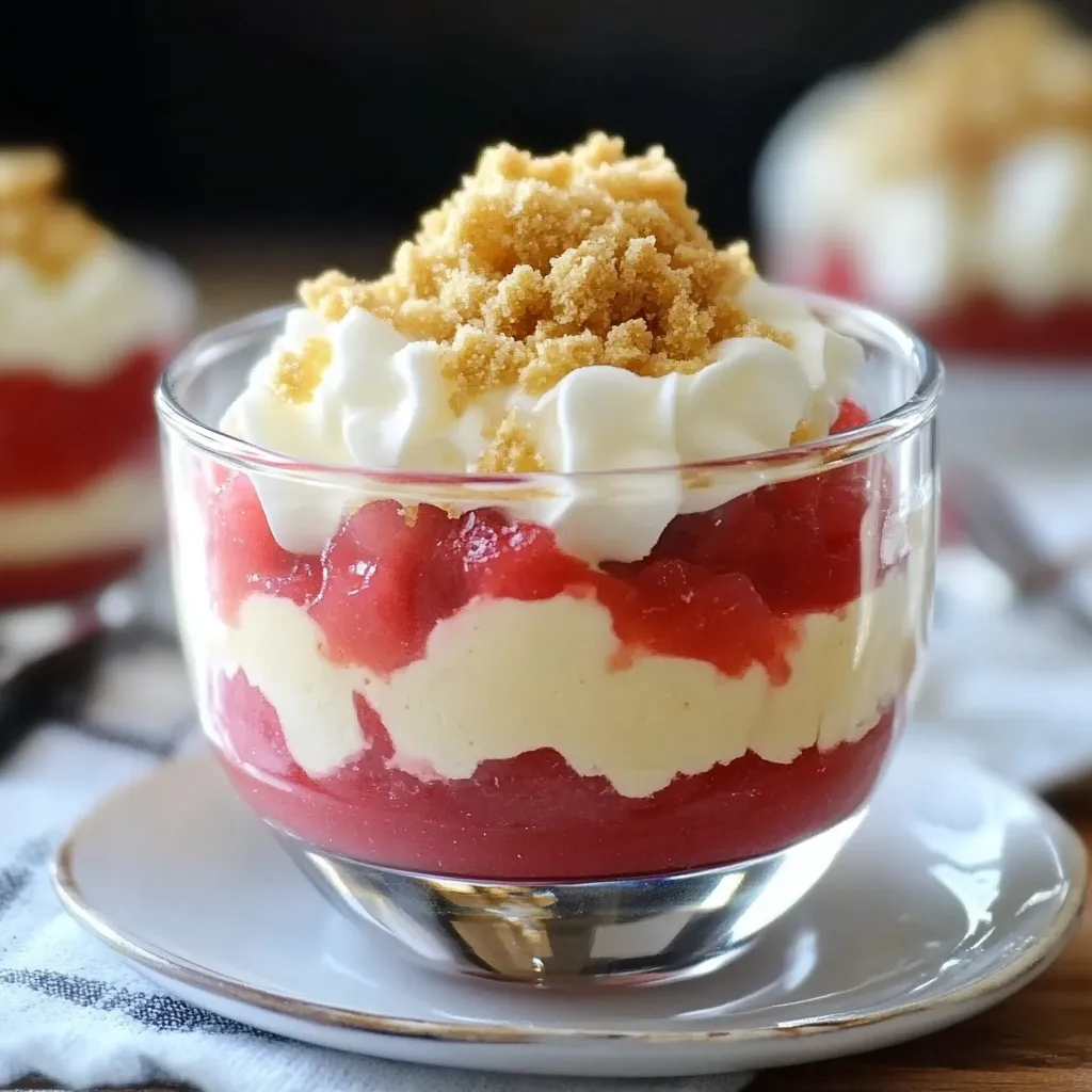A glass of red fruit dessert with whipped cream.