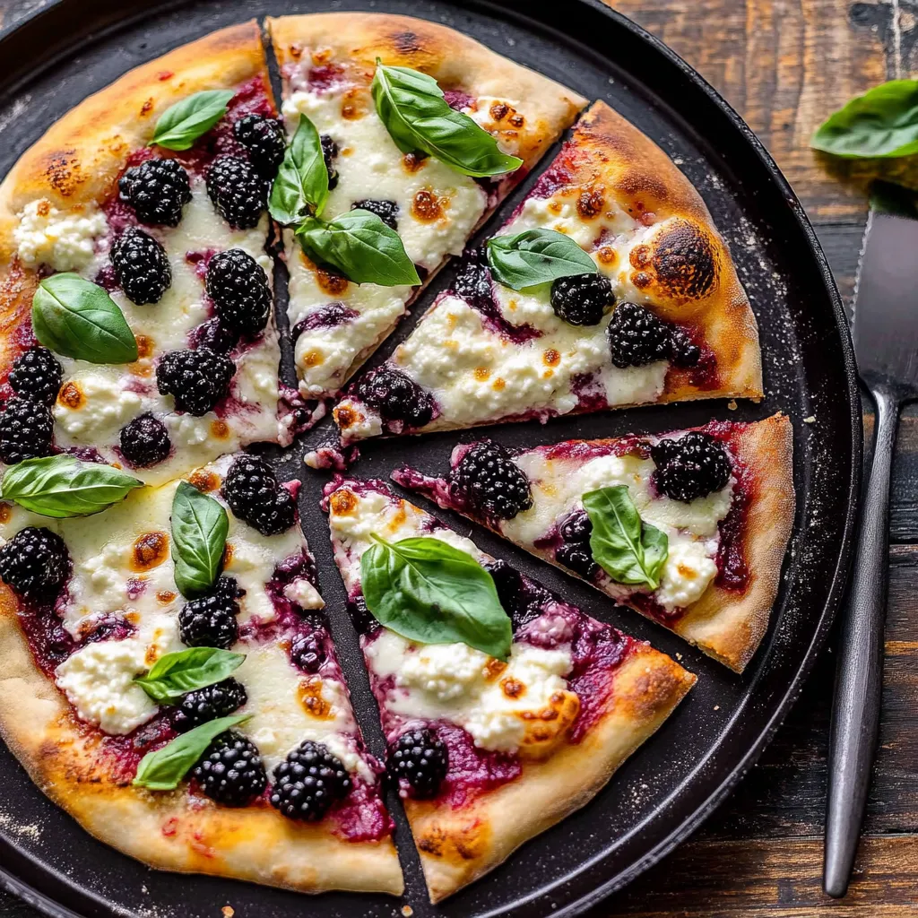 A pizza with blackberries and spinach on it.