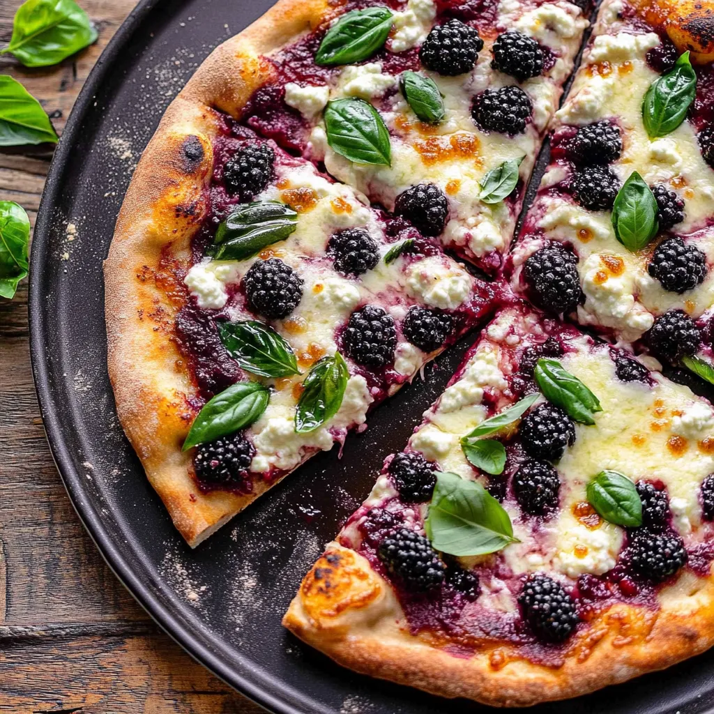 A slice of pizza with blackberries and basil.