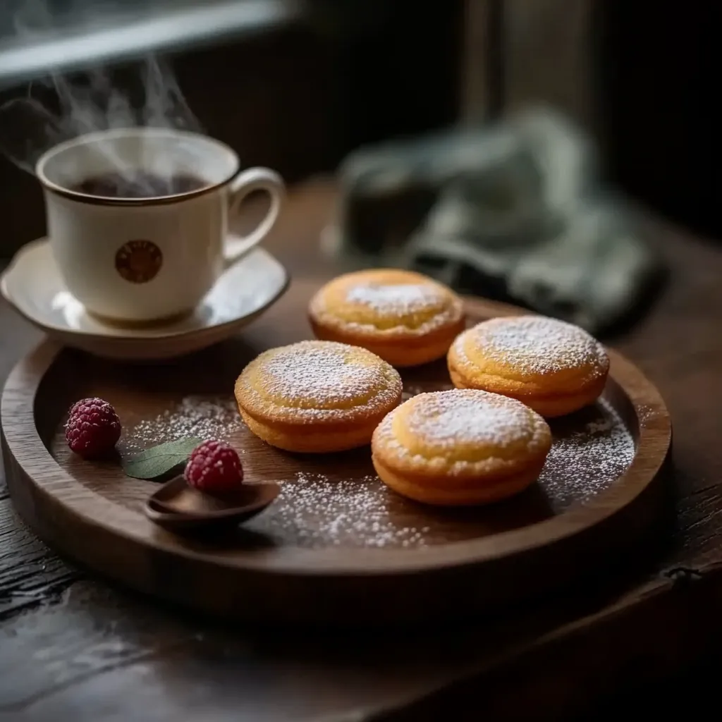 A plate of powdered sugar cookies with a cup of coffee.