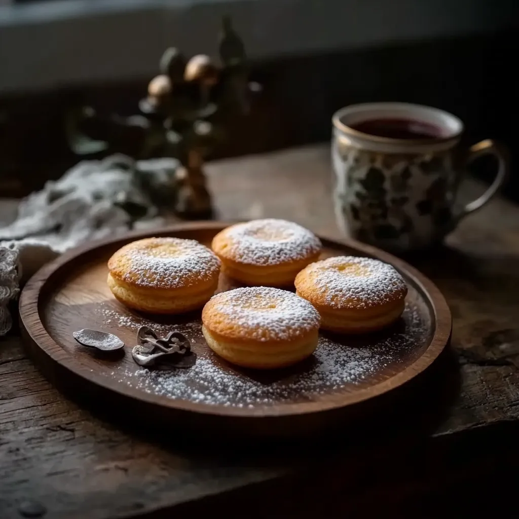 A plate of powdered sugar donuts.