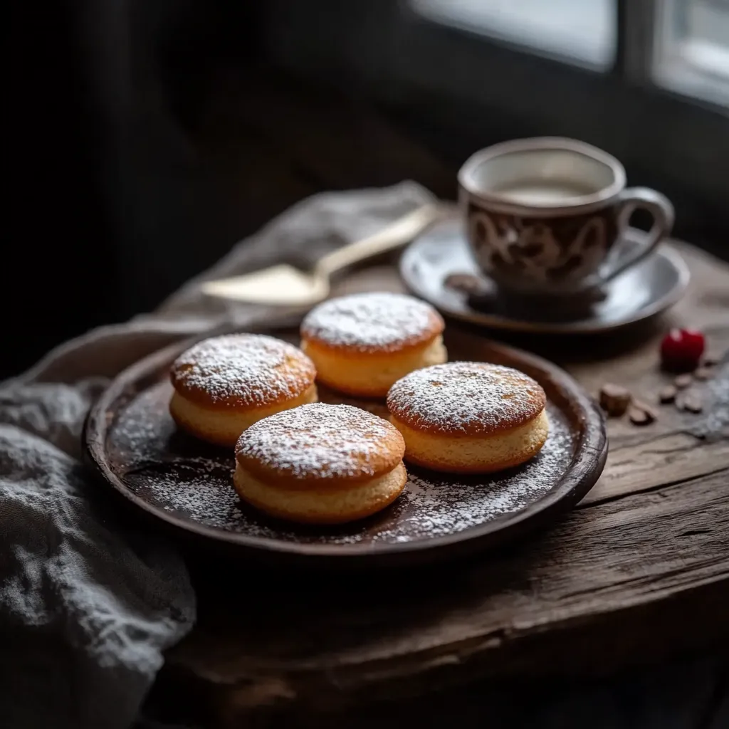 A plate of powdered donuts sits on a table.