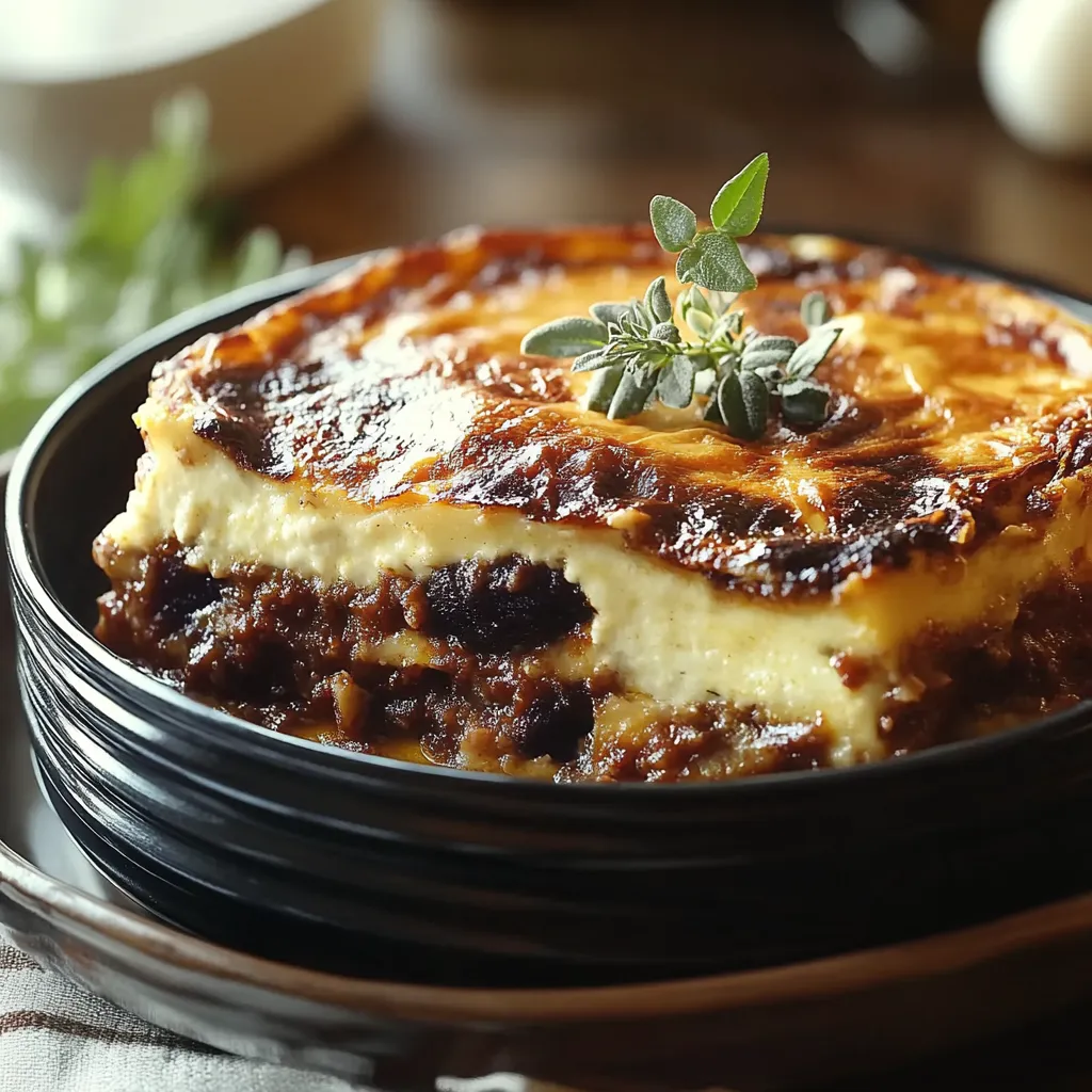 A slice of pie with a sprig of thyme on top.
