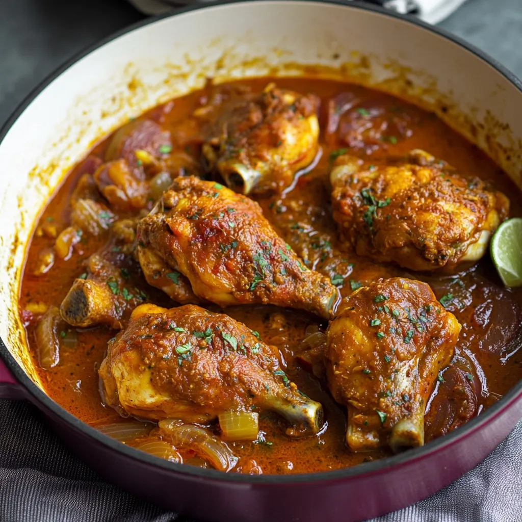 A pan of chicken with a spicy sauce.