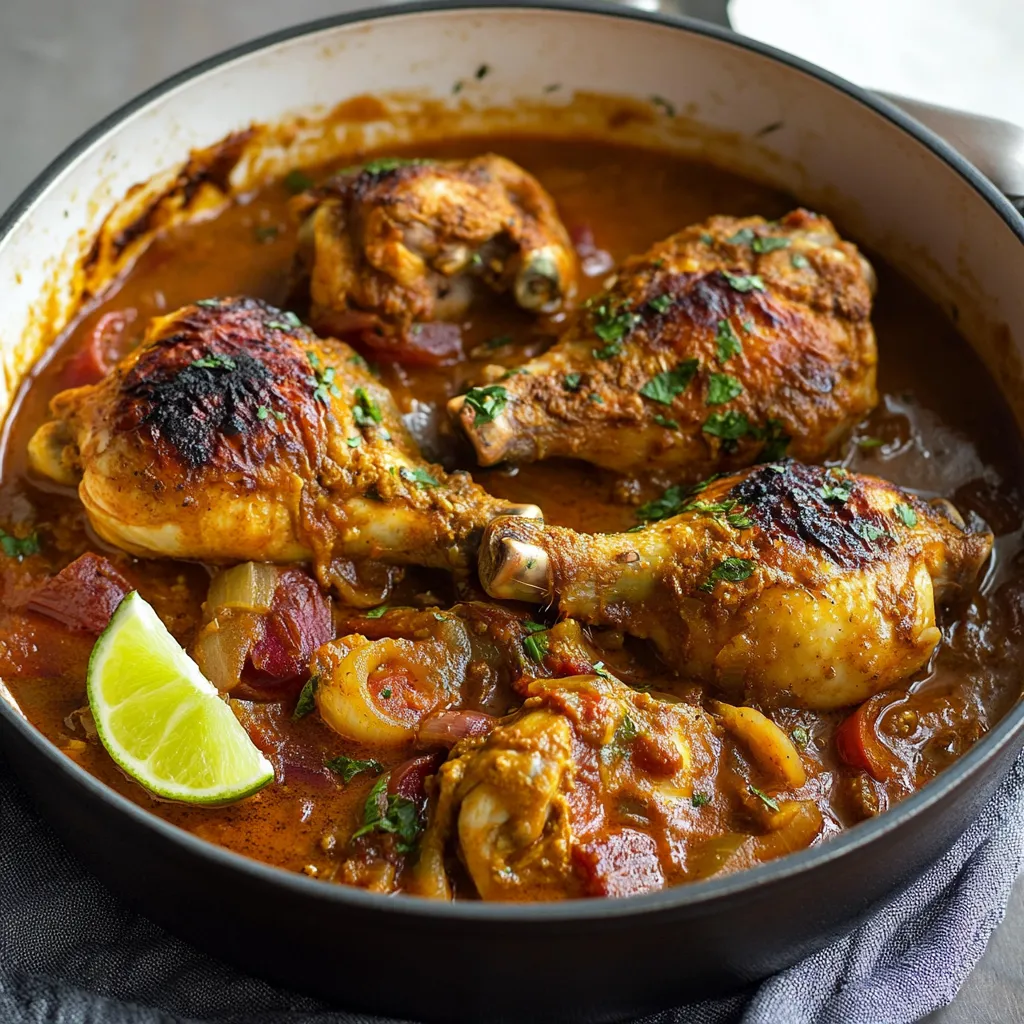 A bowl of chicken with a lime wedge on top.