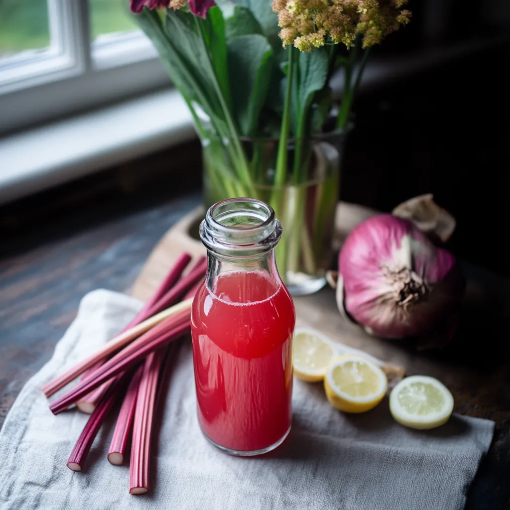 A glass of red juice with a lemon wedge and a bunch of flowers.