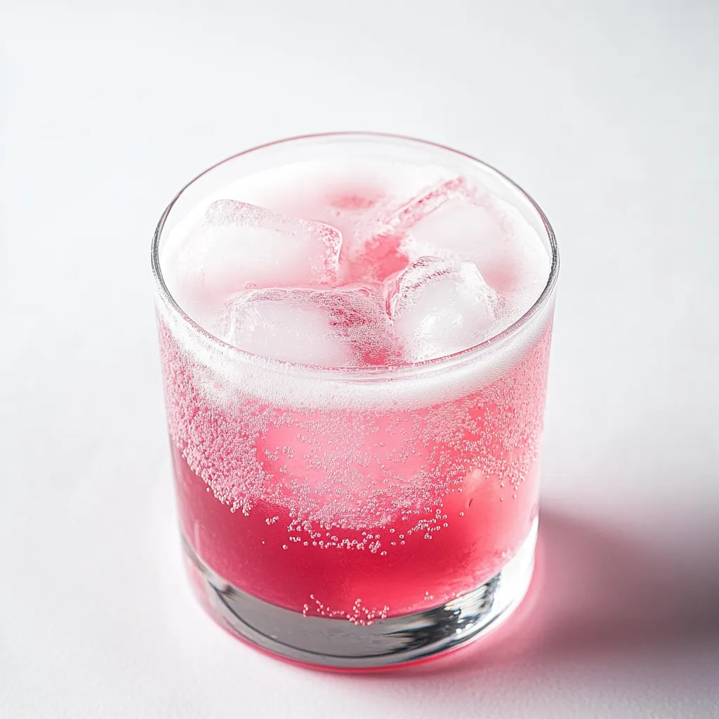 A glass of pink drink with ice.