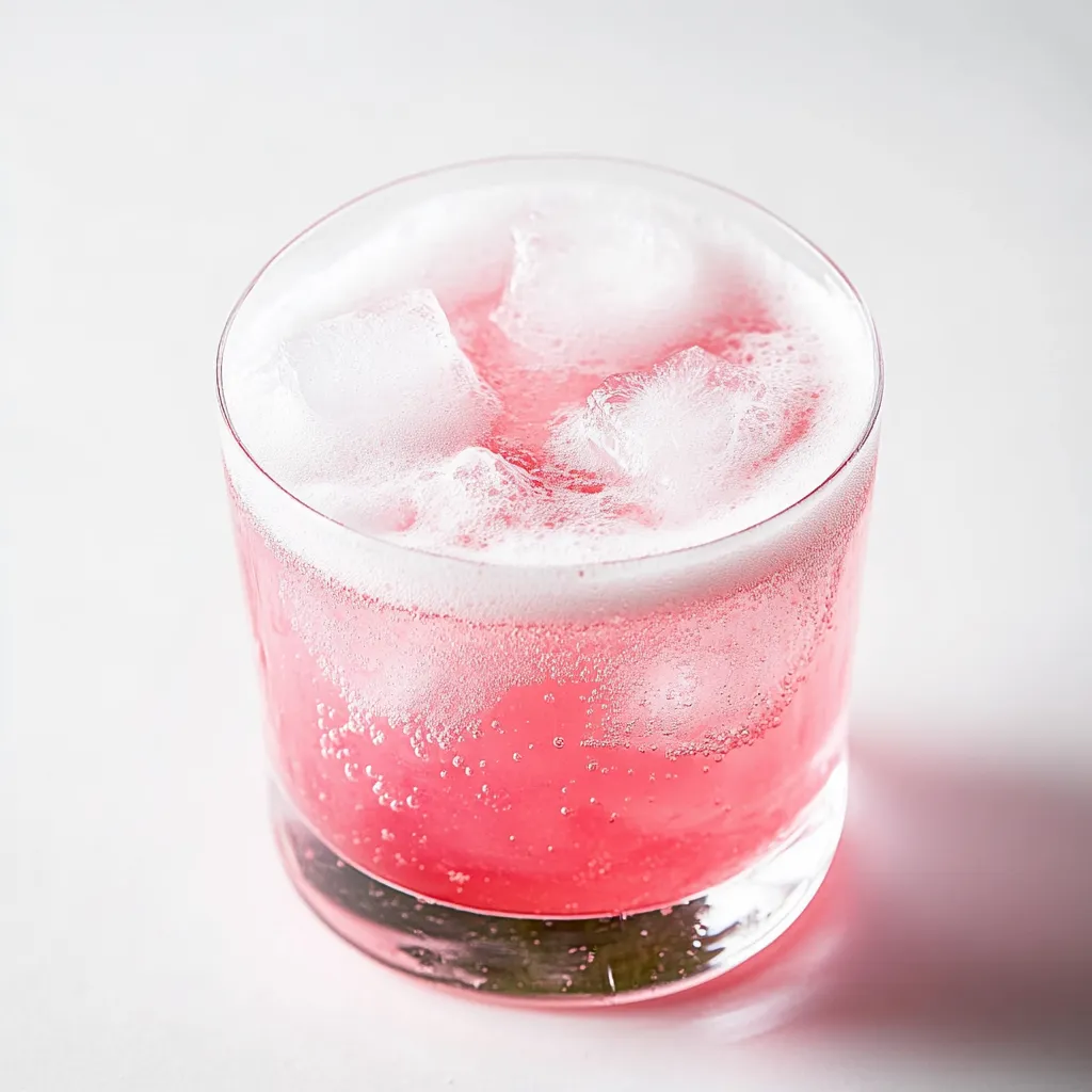 A glass of pink liquid with ice cubes.