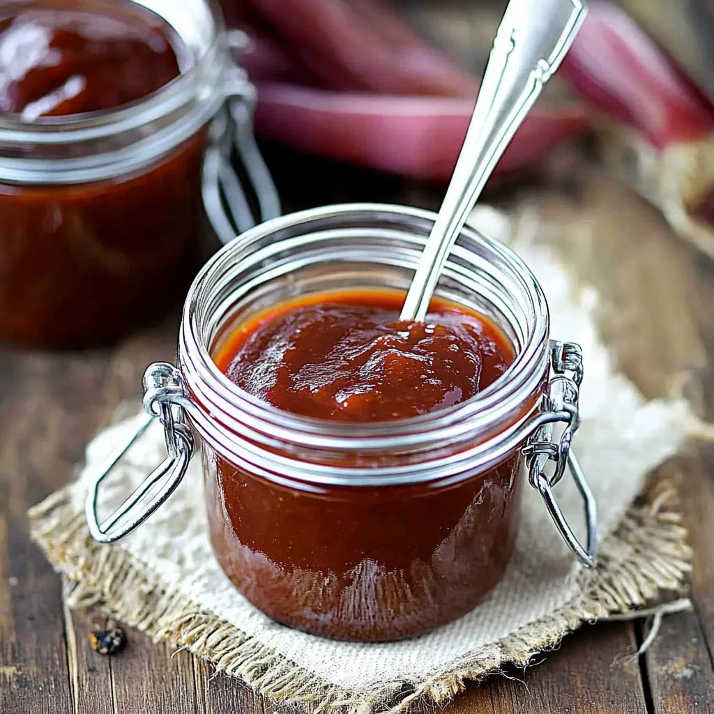 A jar of sauce with a spoon in it.
