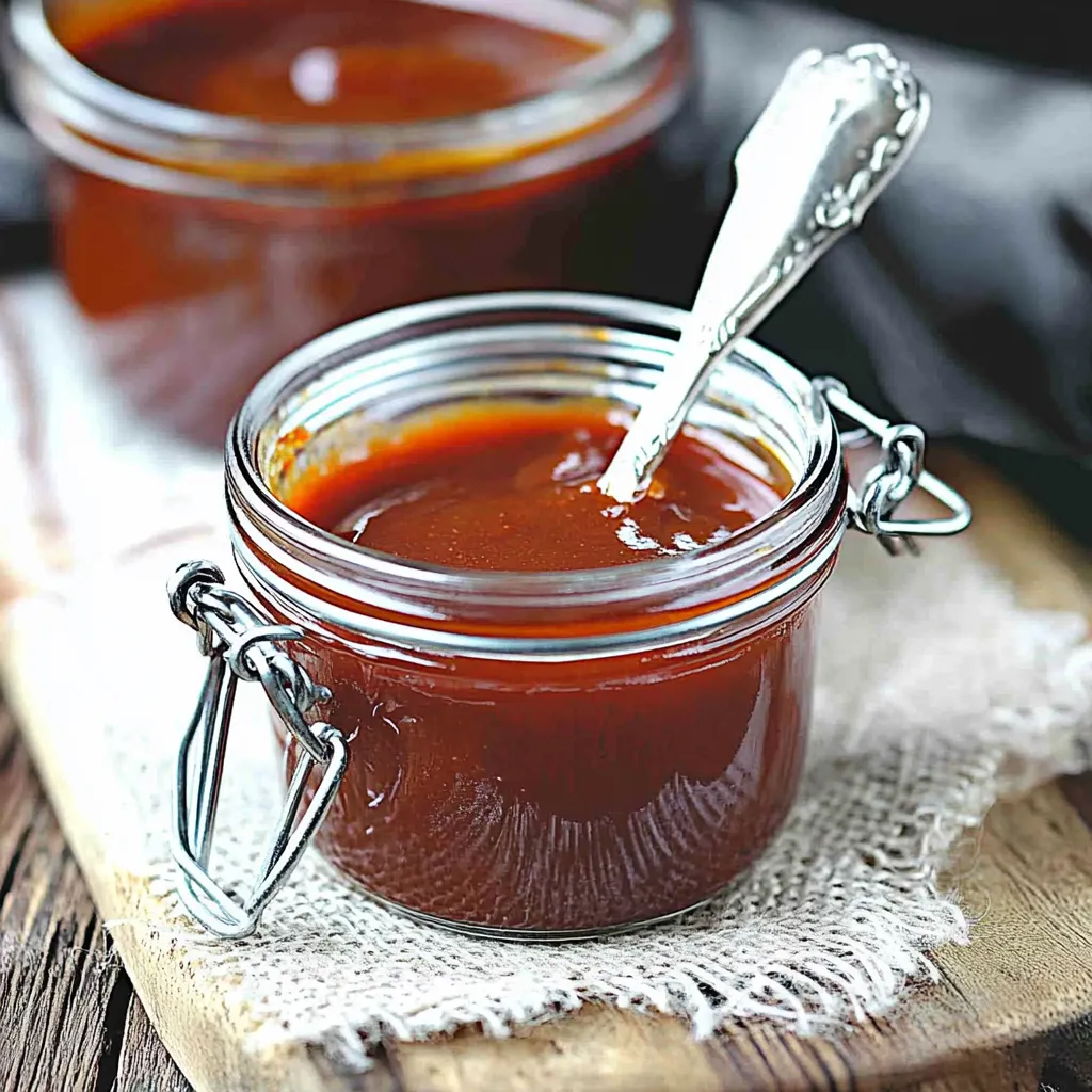 A jar of sauce with a spoon in it.