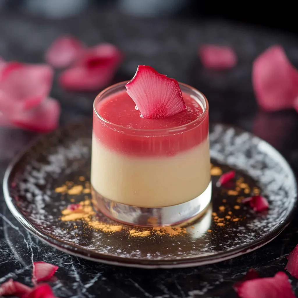 A small piece of cake with a rose petal on top.