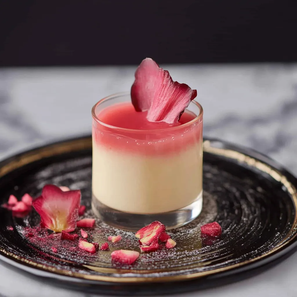 A small dessert with a rose petal on top.