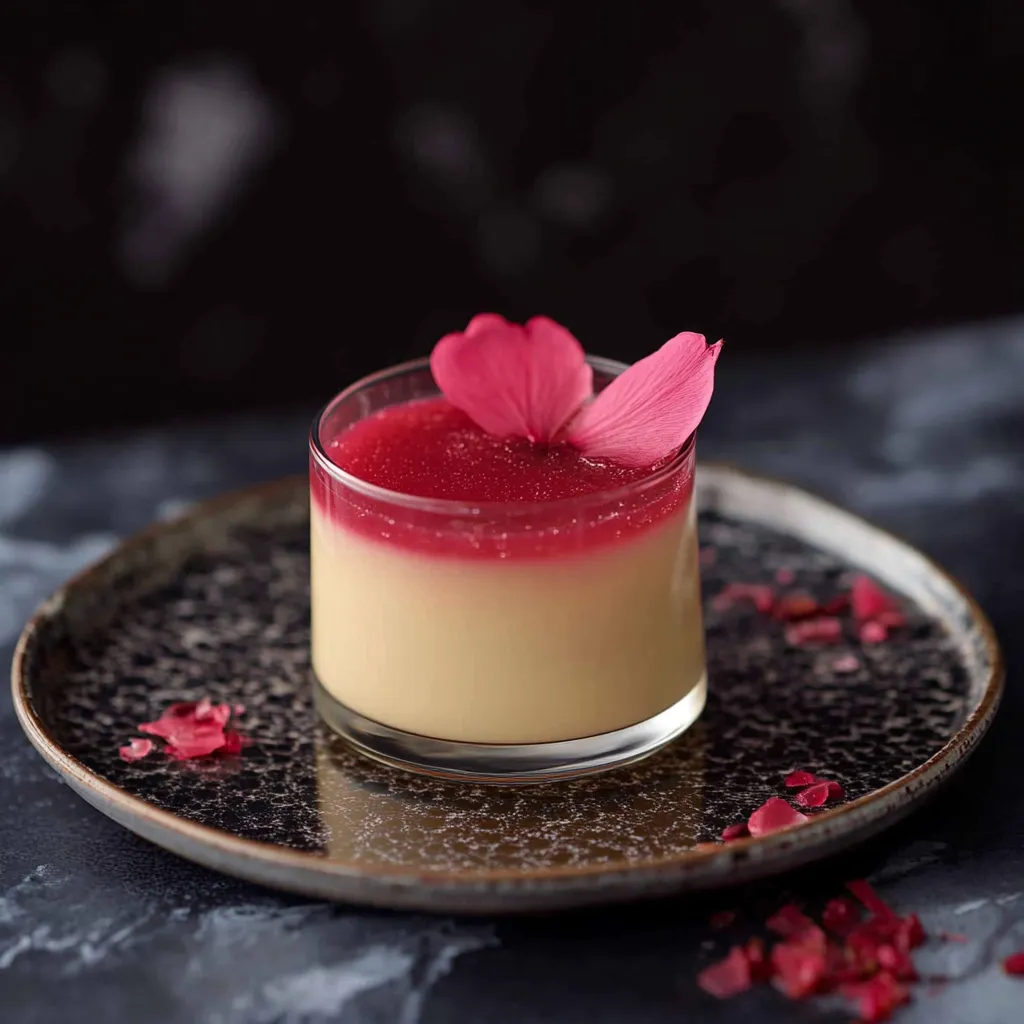 A glass of red liquid with a rose petal on top.