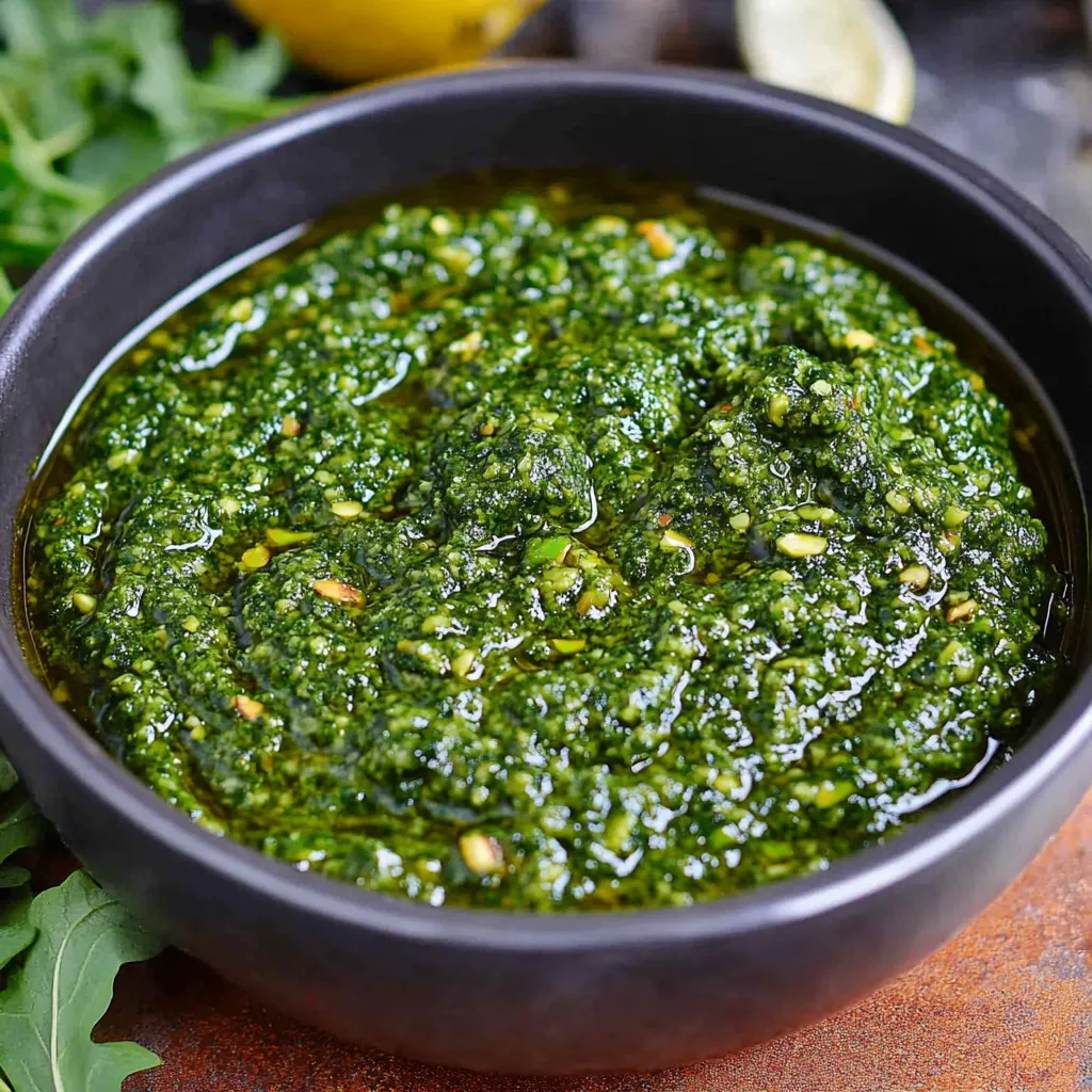 A bowl of green pesto sauce.