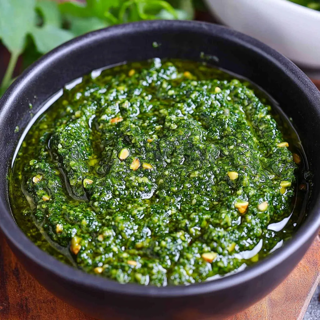 A bowl of green sauce.