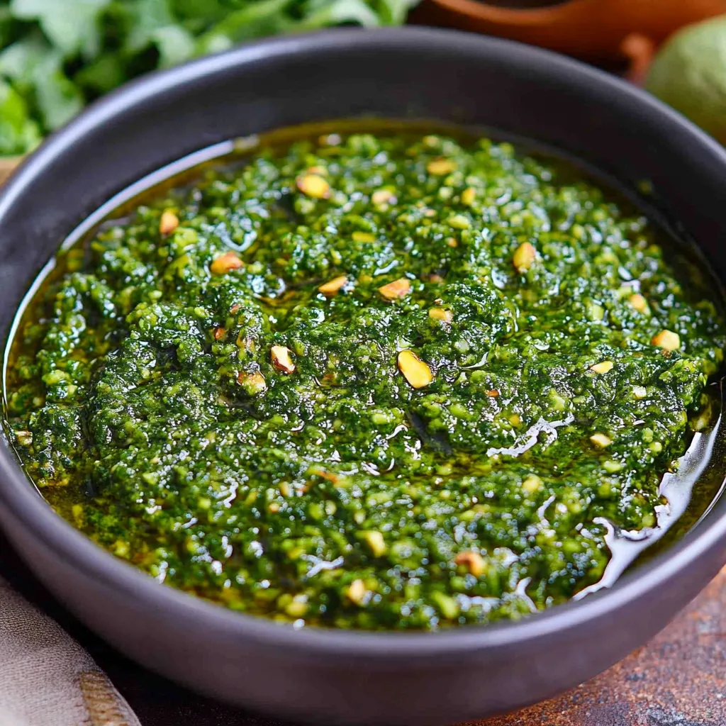 A bowl of green pesto sauce.