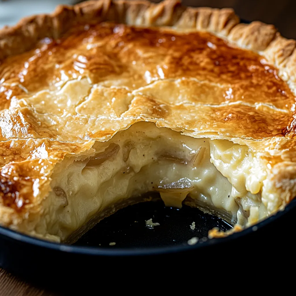 A slice of pie in a black bowl.