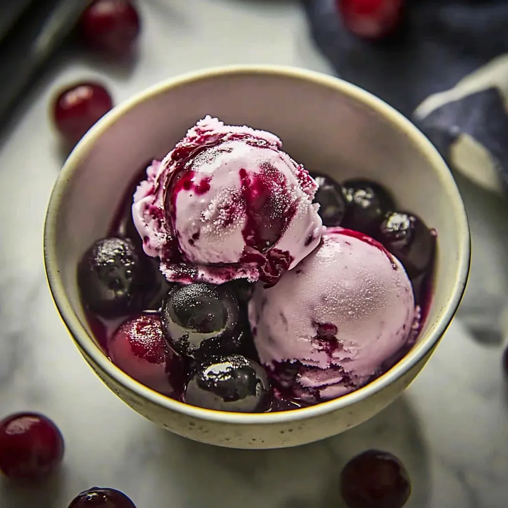 A bowl of berries and ice cream.