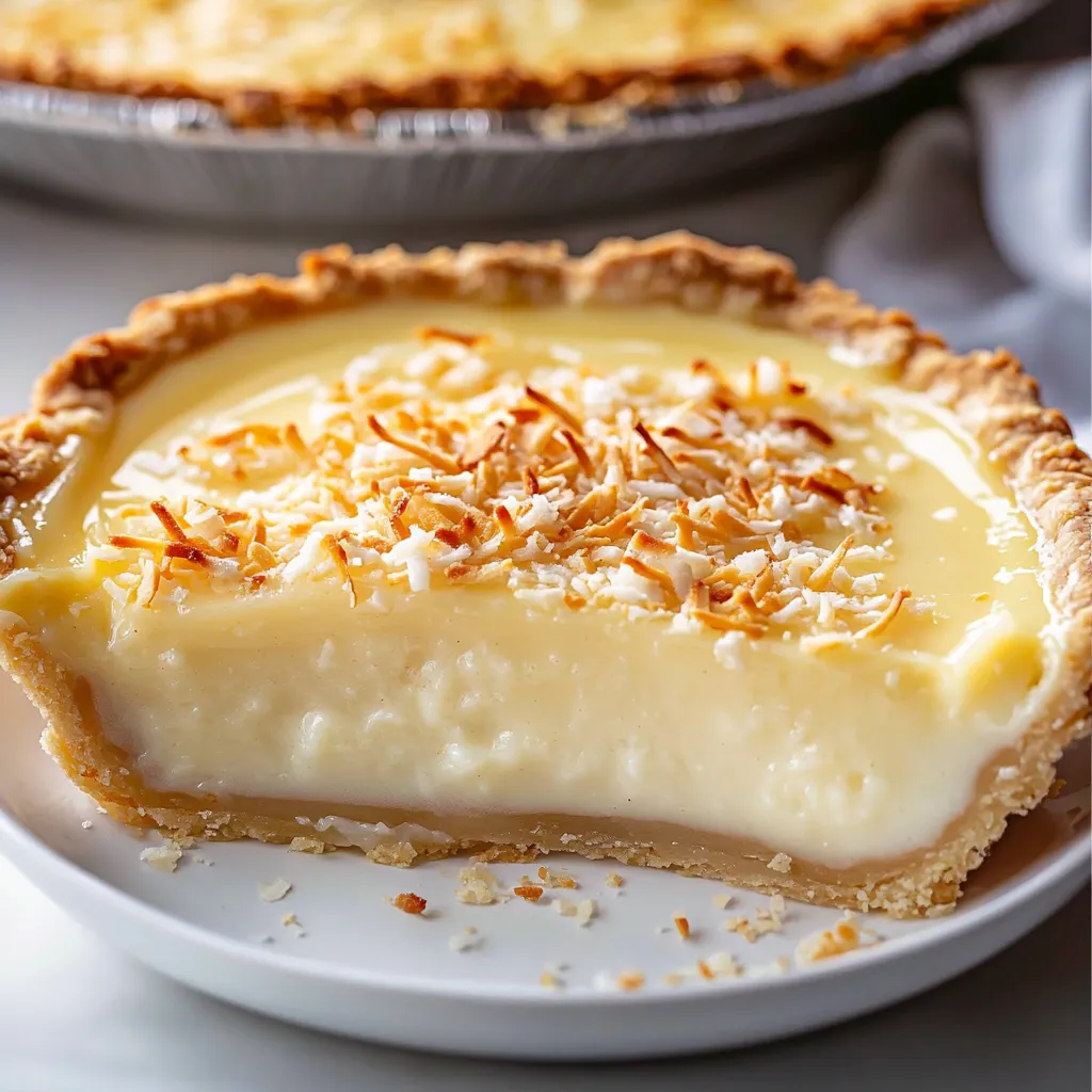 A slice of pie with coconut on top.