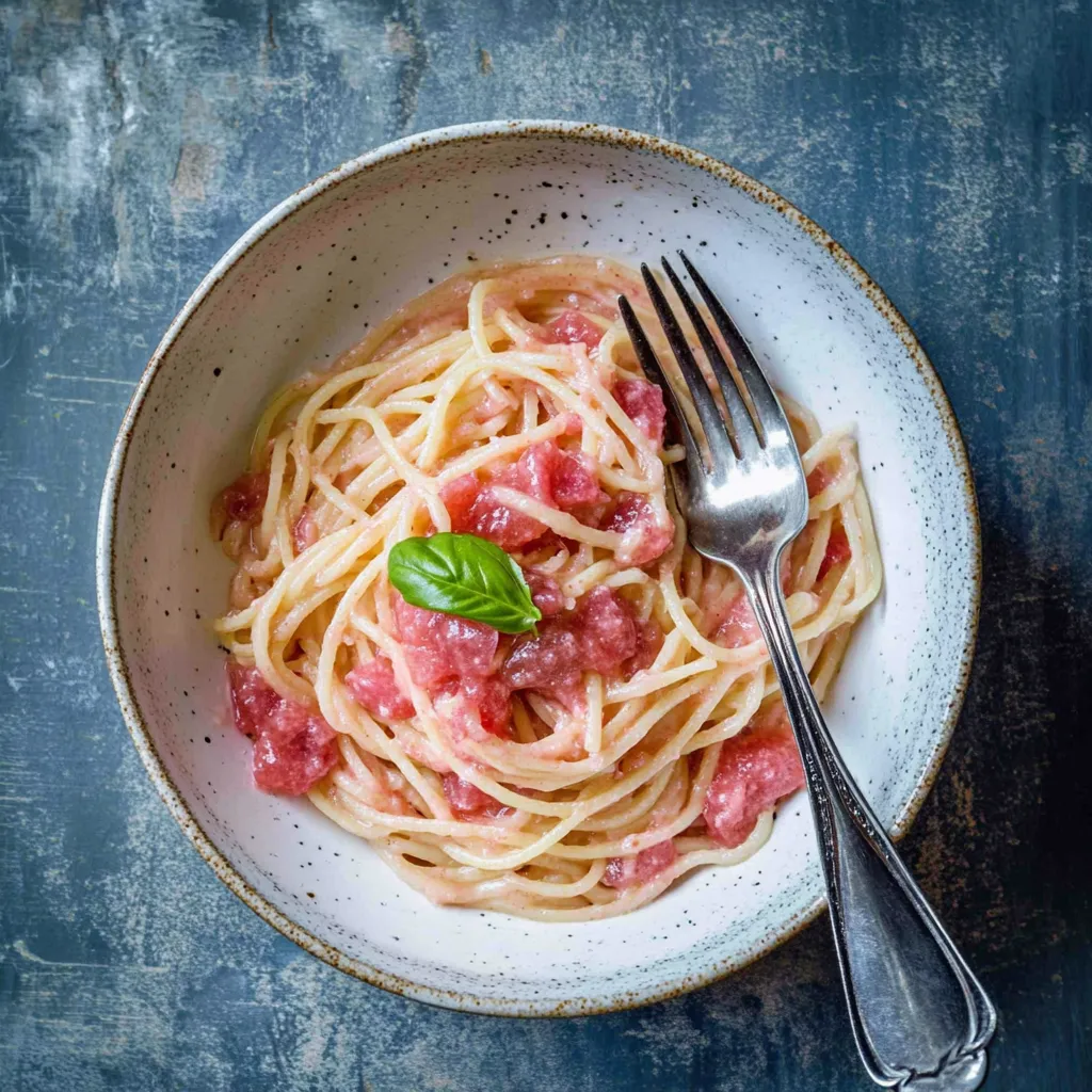A fork is on a plate with pasta and meat.