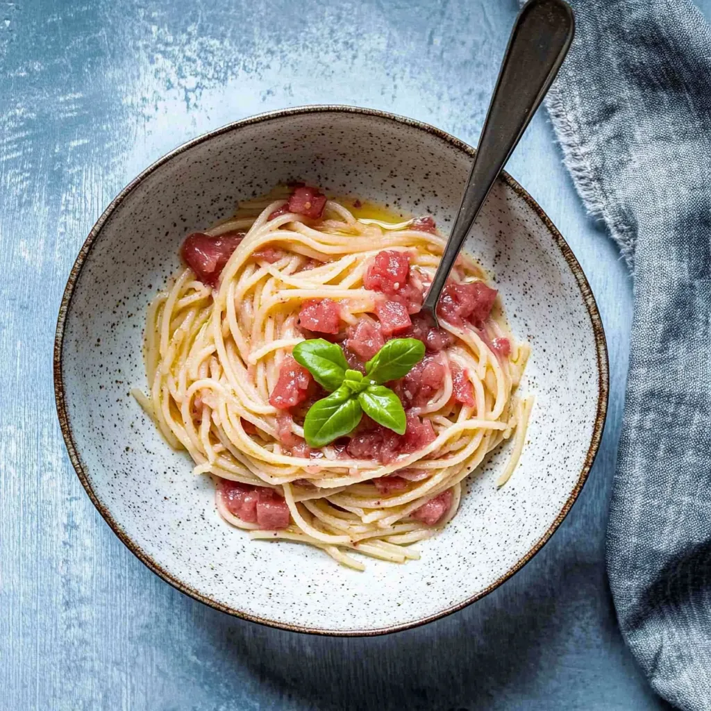 A bowl of spaghetti with meatballs and basil.