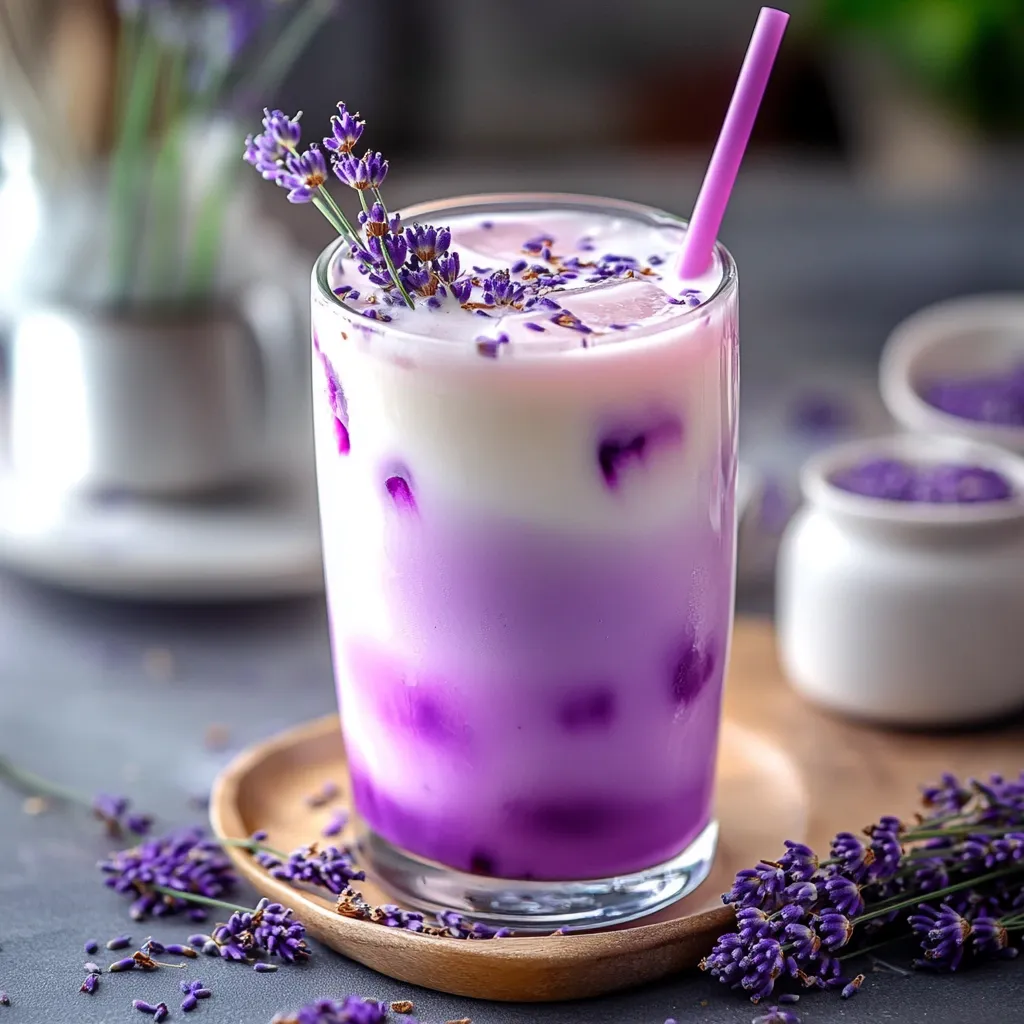 A glass of purple drink with lavender flowers in it.