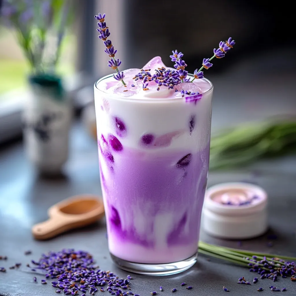 A glass of purple drink with lavender flowers.