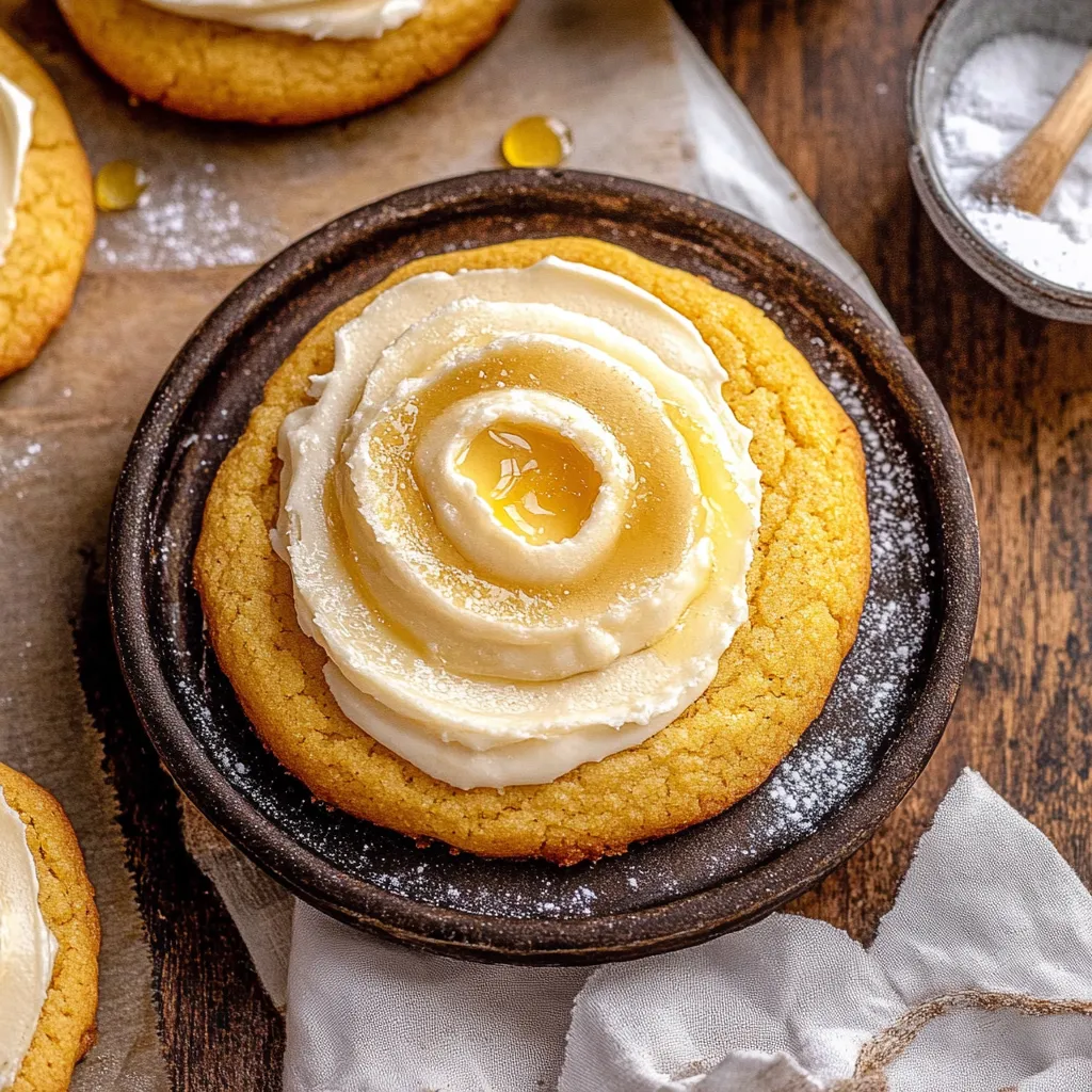 A cookie with a white frosting and a yellow center.