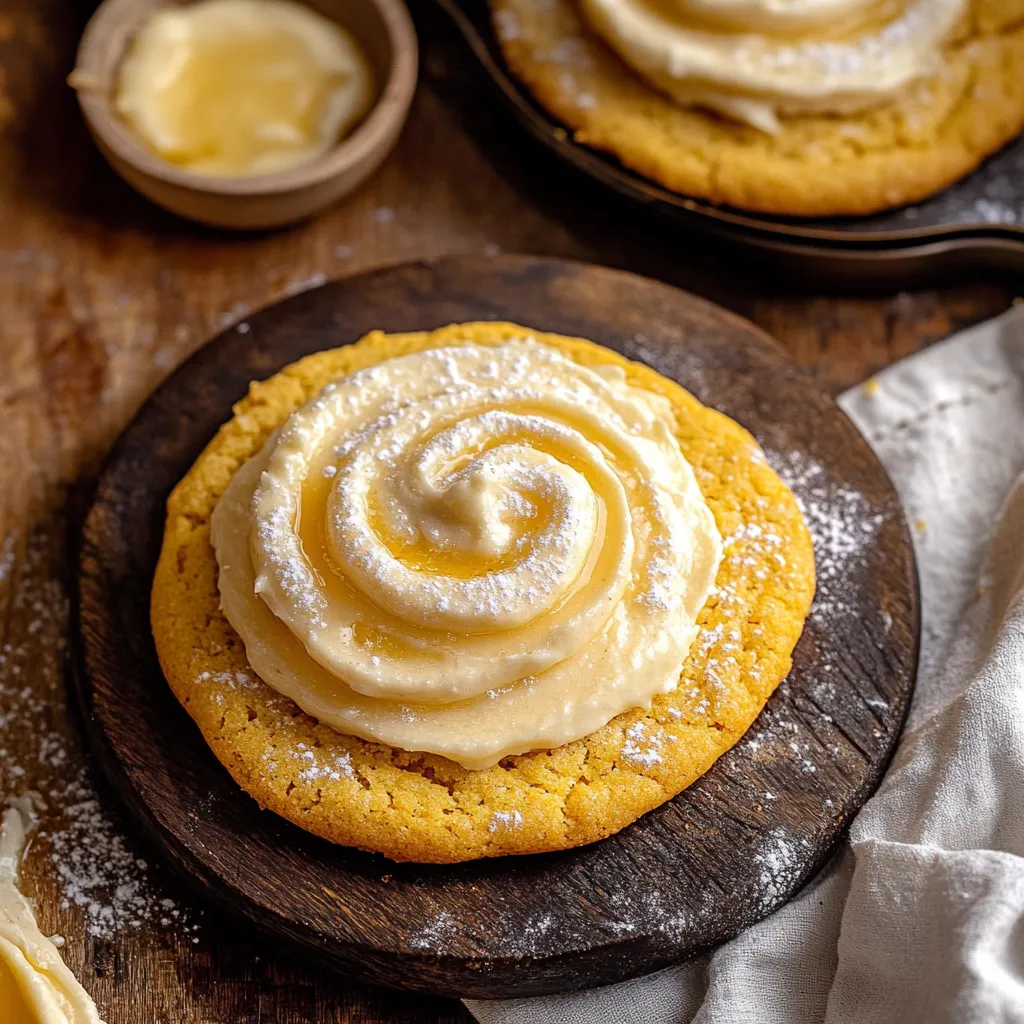 A cookie with a swirl of white frosting.
