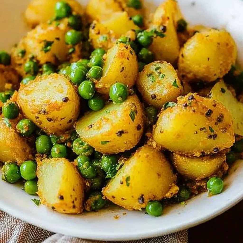A bowl of food with peas and potatoes.