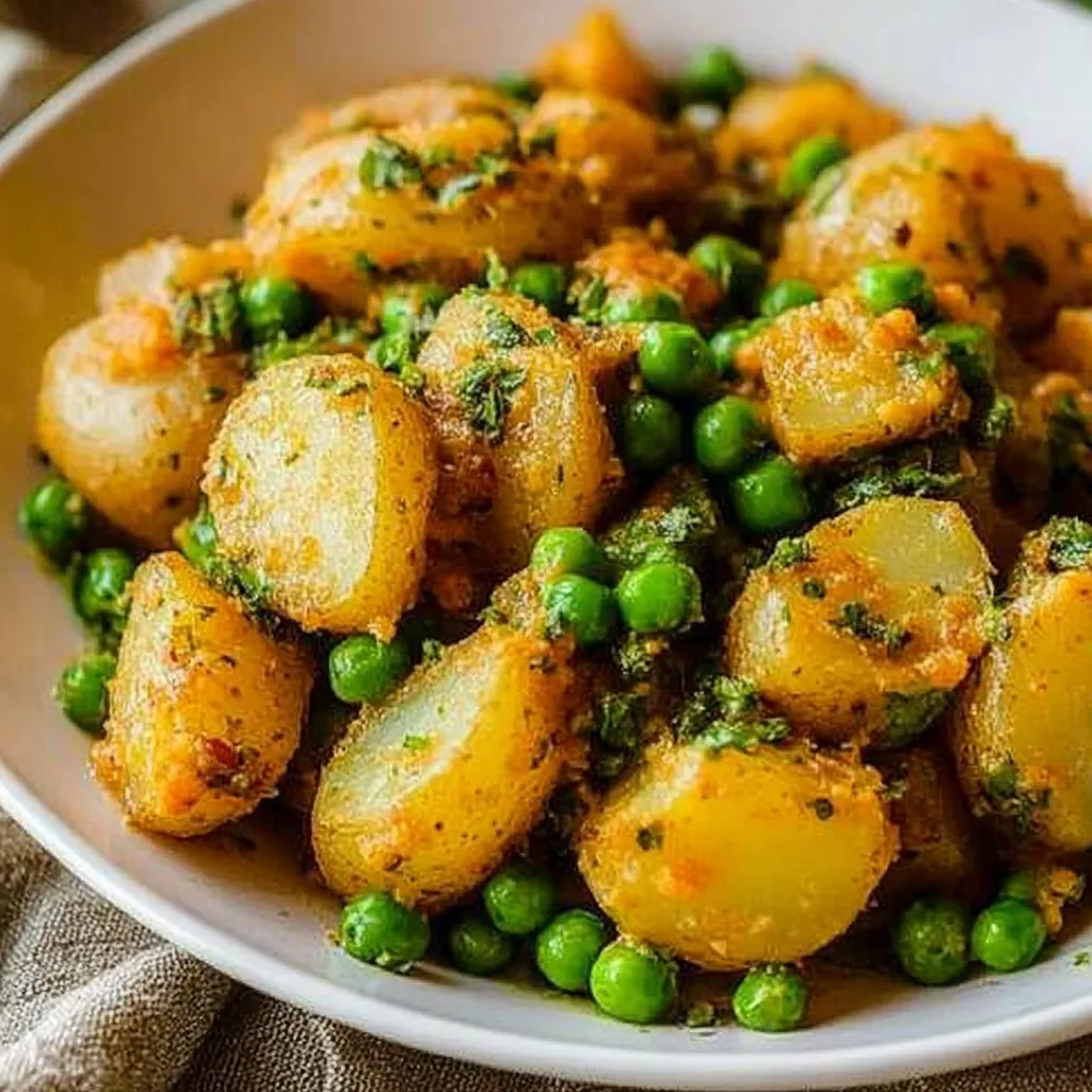 A bowl of food with peas and potatoes.