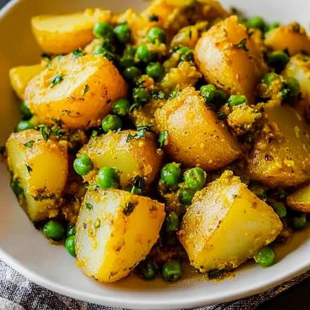 A bowl of potatoes and peas.