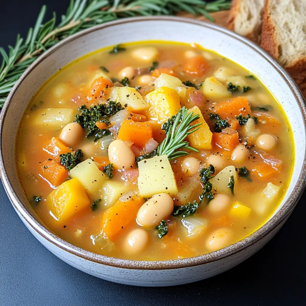 A bowl of soup with vegetables and beans.