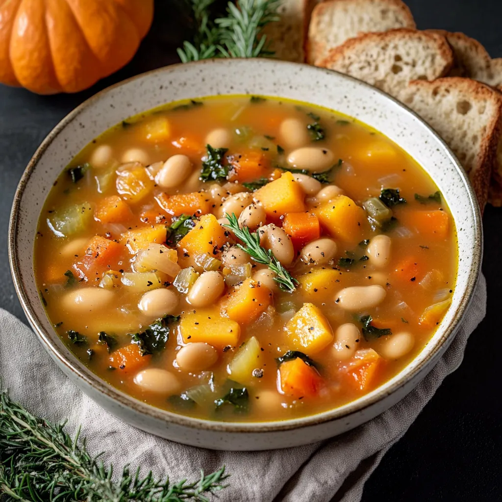 A bowl of soup with beans, carrots, and squash.