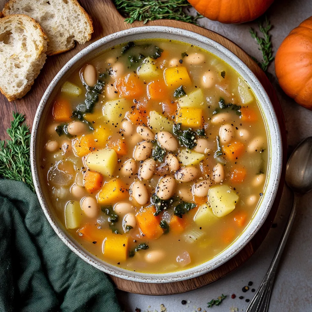 A bowl of soup with vegetables and beans.