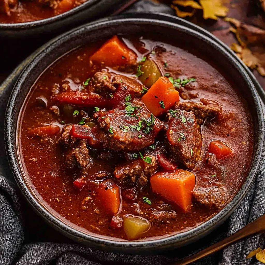 A bowl of soup with meat and vegetables.