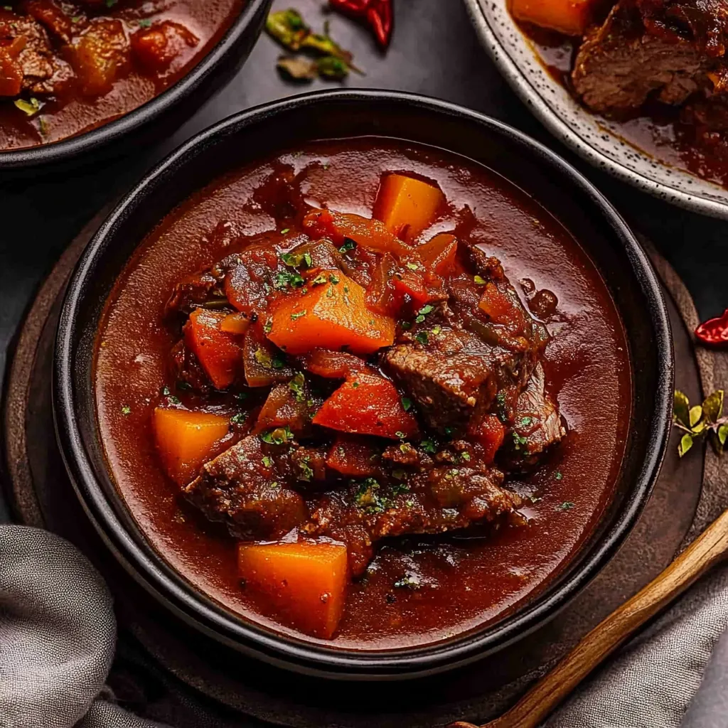 A bowl of stew with meat and vegetables.