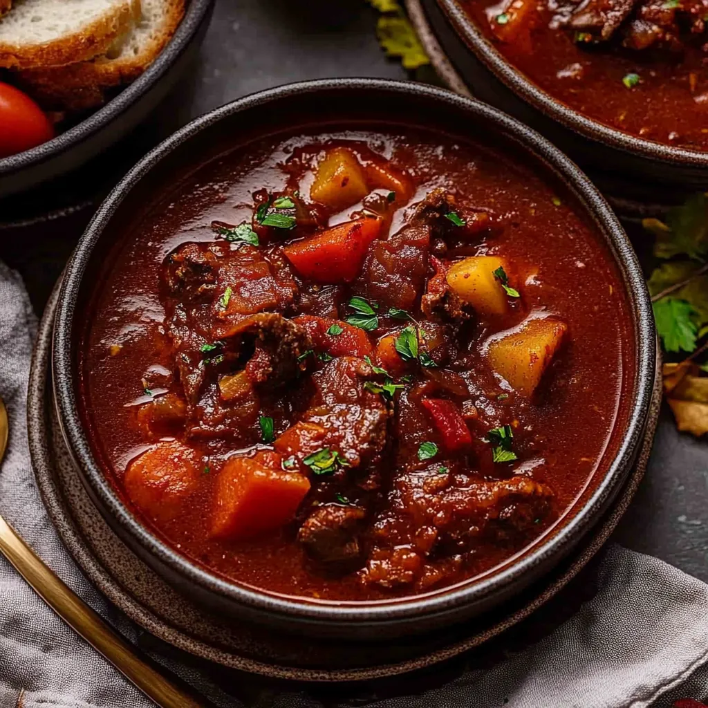 A bowl of stew with a spoon in it.