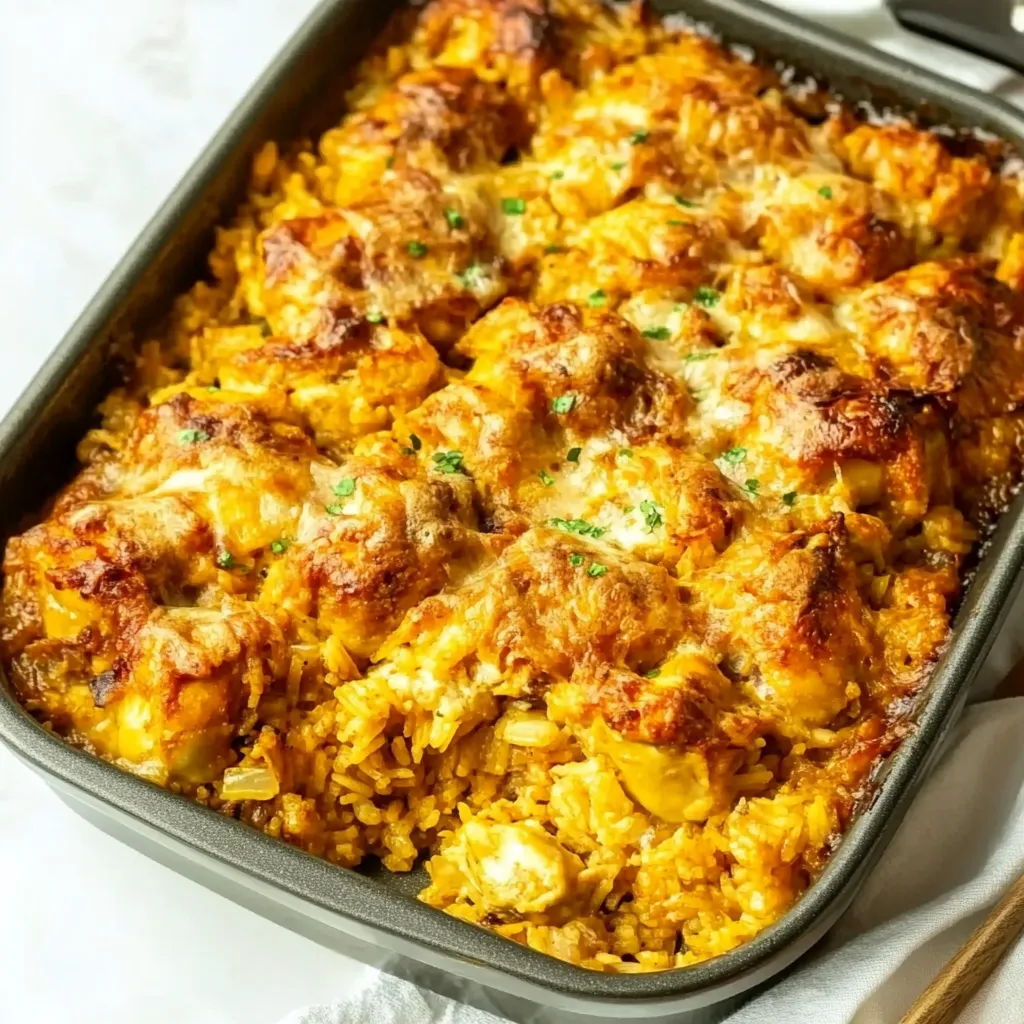 A pan of food with rice and meat.