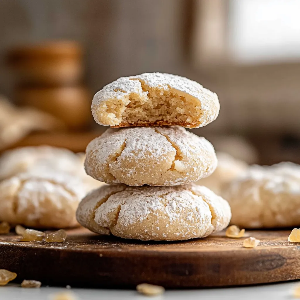 A stack of cookies on a wooden table.
