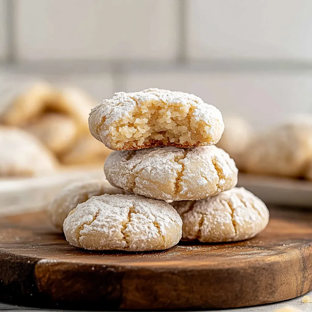 A stack of cookies on a wooden cutting board.