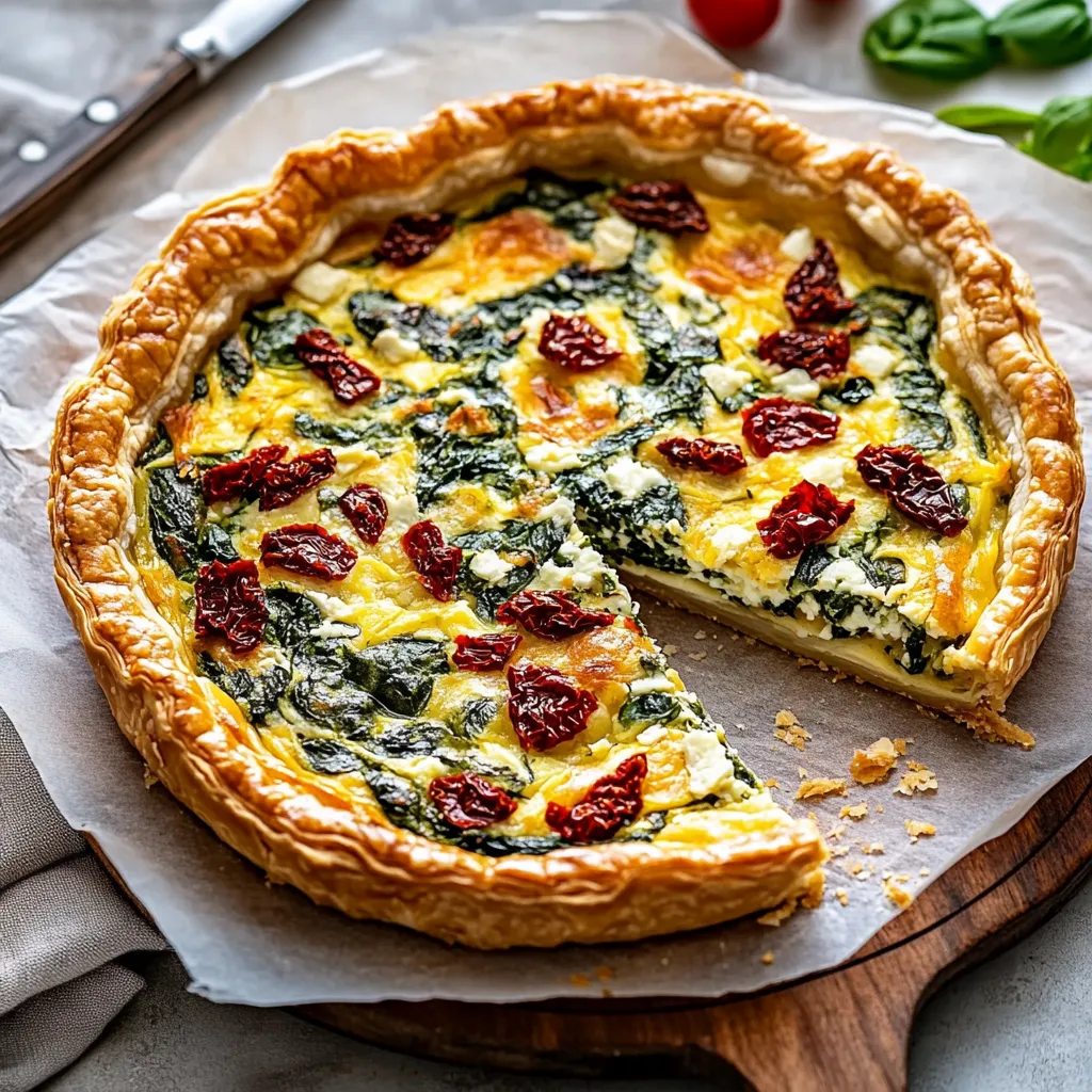 A slice of quiche with greens and tomatoes.