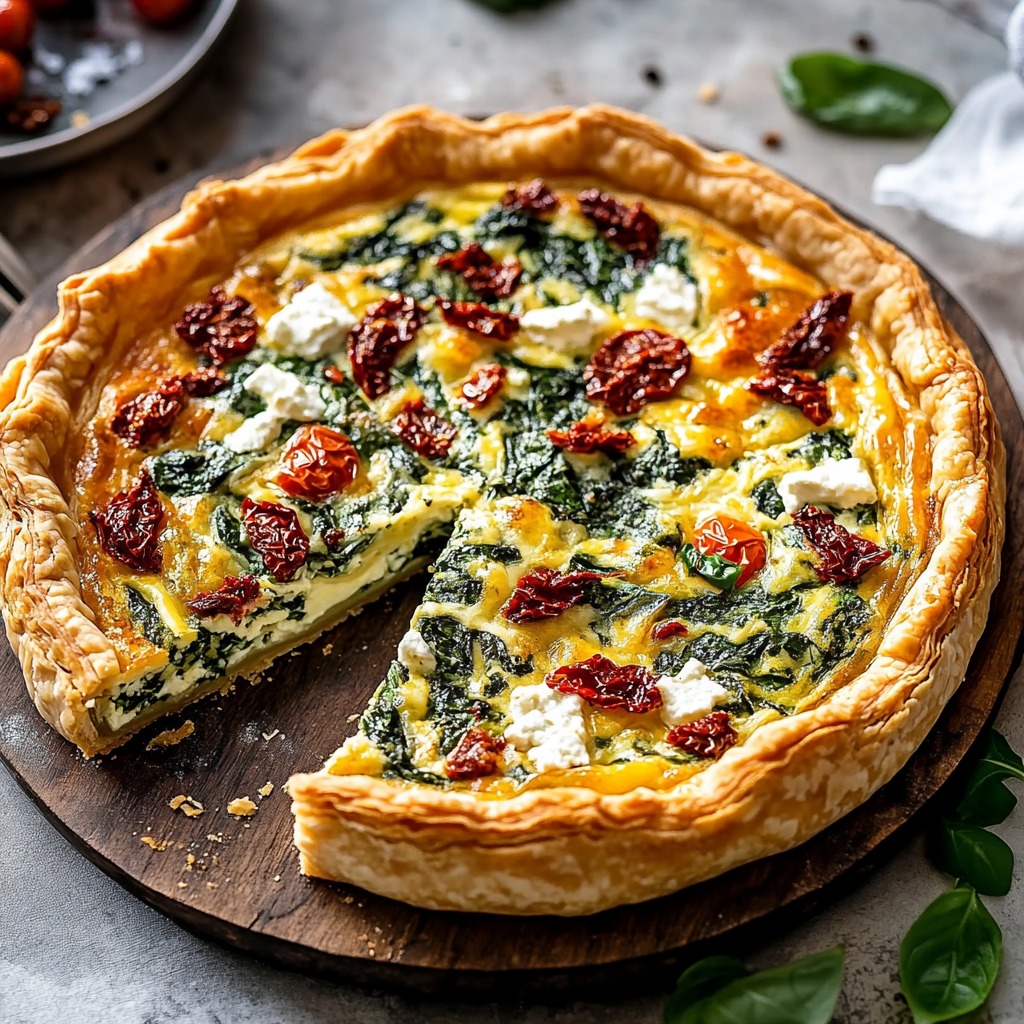 A slice of quiche with greens and cheese.