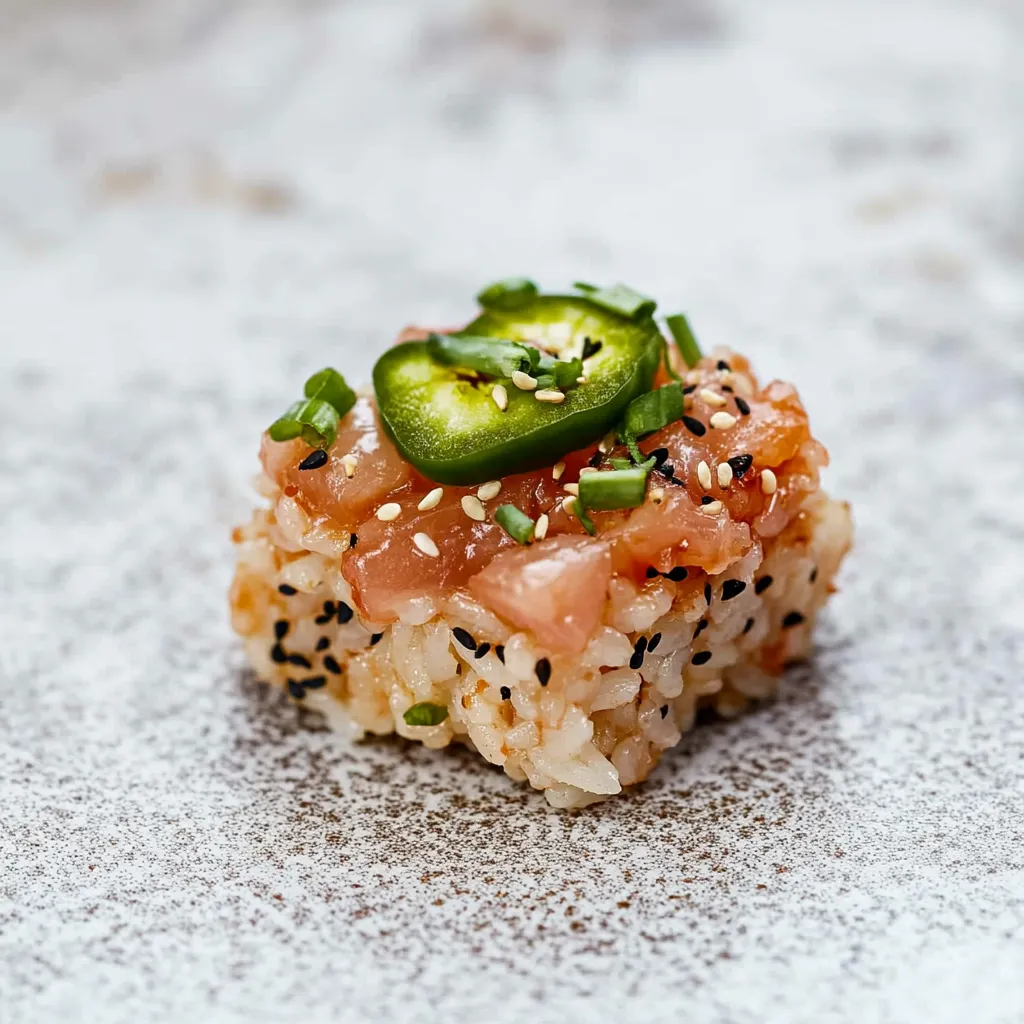 A small piece of sushi with a green pepper on top.